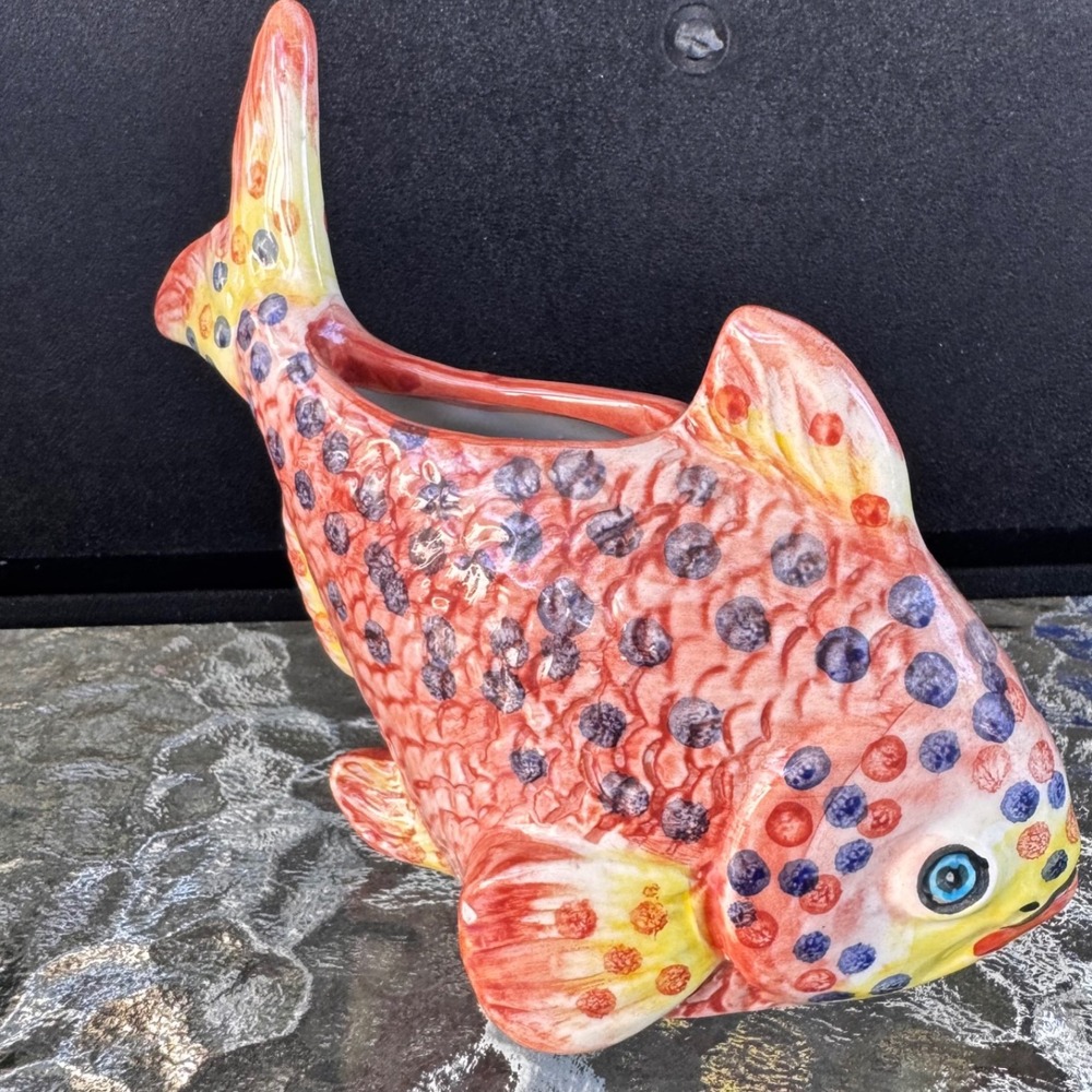 Intrade Made in Italy Fish Hand Painted Vase Planter Colorful Ceramic‎ Decor